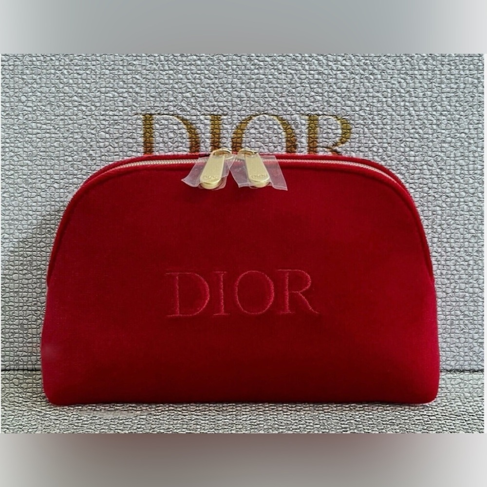 Christian Dior Red Velvet Double Zippered Travel Cosmetic Evening Bag
